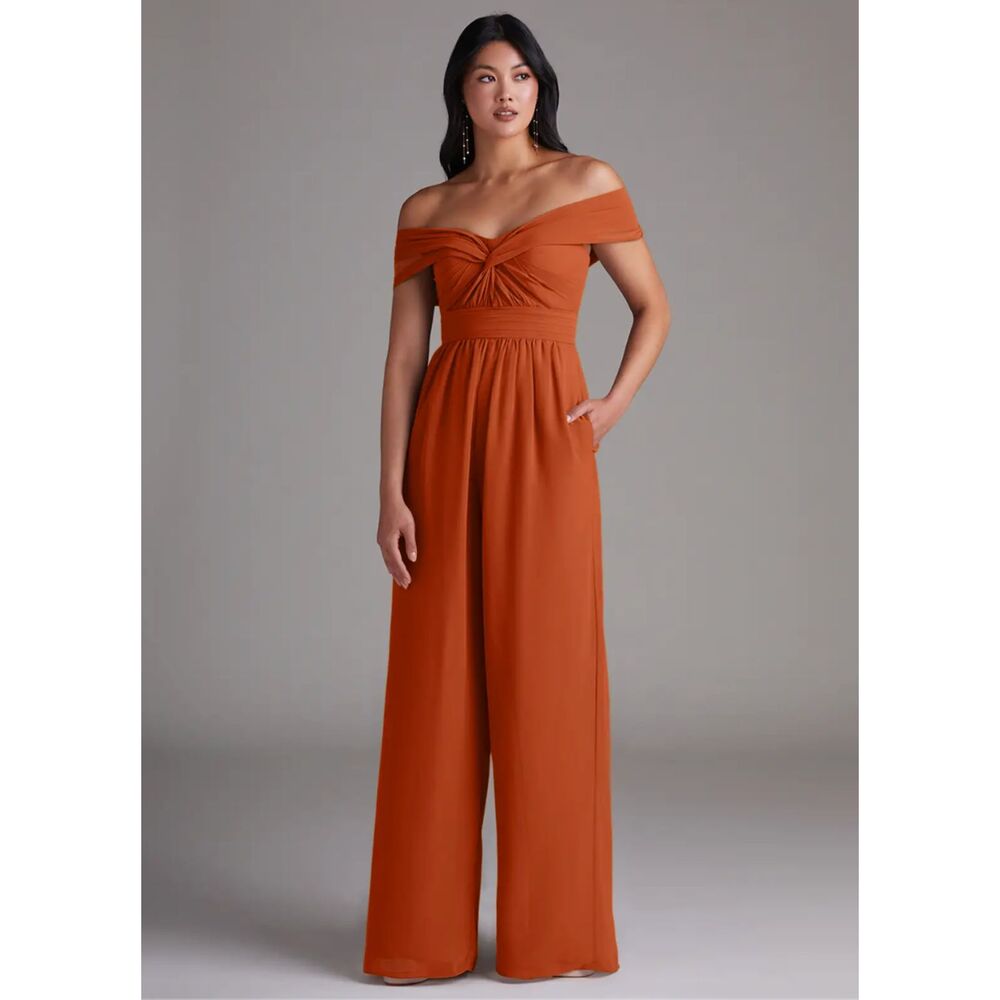 NWT Azazie Lamara Burnt Orange Off the Shoulder Chiffon Convertible Jumpsuit